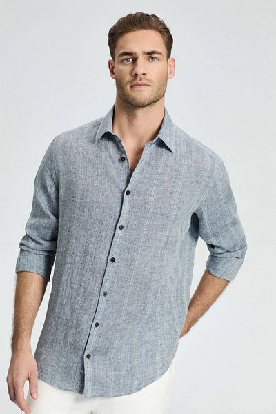 Hemington Line Patterned Pure Linen Dark Blue Shirt