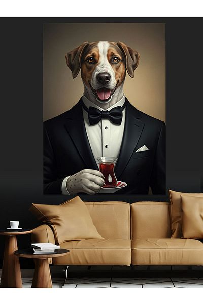 Tablomega Stylish Tuxedo Dog and Tea Decorative Canvas - Mdf Wooden Painting