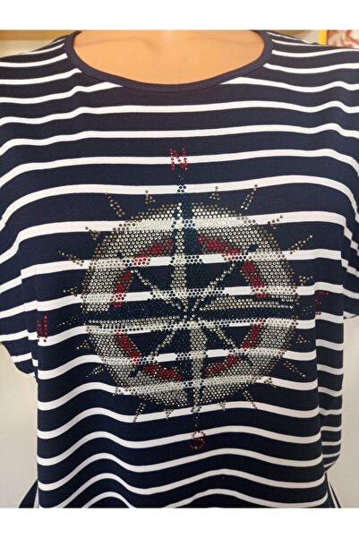 AKŞEN GİYİM Plus Size Round Neck Low Sleeve Compass Stone Detail a Quality Marine Bluz
