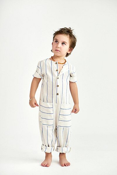 Catz Kids White Blue Striped Linen Jumpsuit