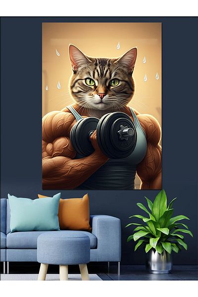 Tablomega Weight Lifting Cat Figure Decorative Canvas - Mdf Wooden Table