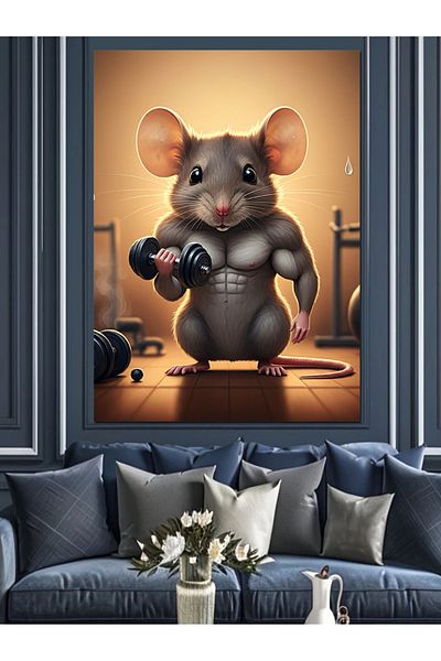 Tablomega Muscular Mouse in the Gym Decorative Canvas - Mdf Wooden Painting