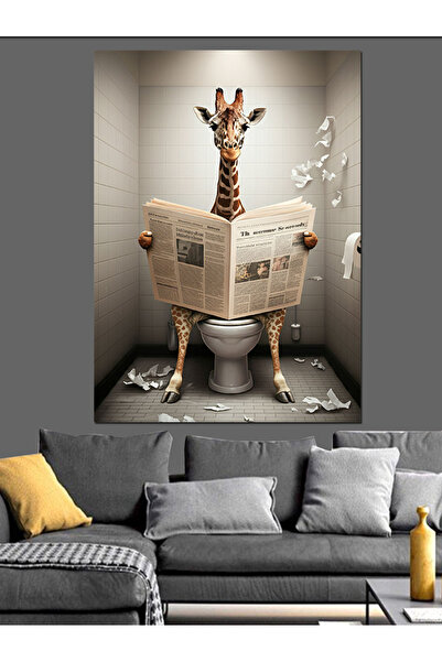 KanvasSepeti Girafa citind o ziară în toaletă Pictură în ulei Texturată Pânză...