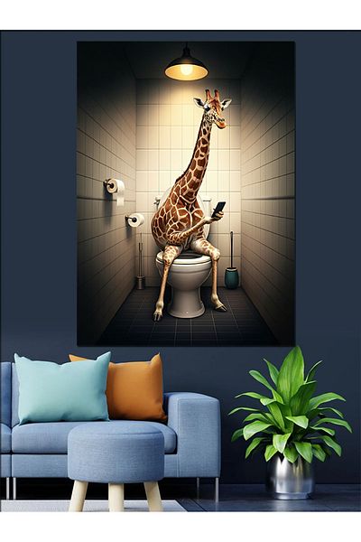 Tablomega Giraffe in the Toilet and Funny Design Decorative Canvas - Mdf Wooden Painting