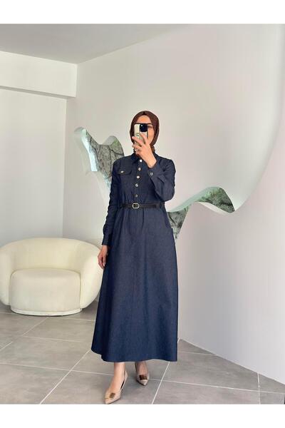 BÜRDE Önü Düğmeli Kemerli Koyu Mavi Kadın Denim Elbise