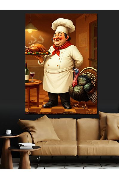 Tablomega Chef and Turkey Dinner Decorative Canvas - Mdf Wooden Painting