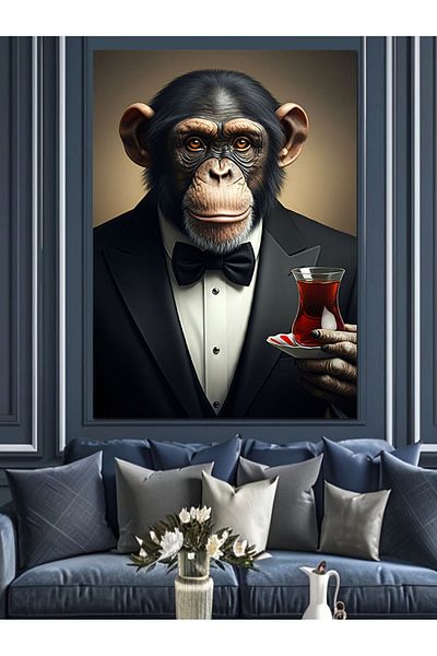 Tablomega Suited Chimpanzee and Tea Decorative Canvas - Mdf Wooden Painting