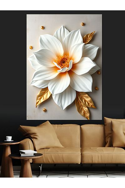 Tablomega White Flower Decorative Canvas with Gold Detail - Mdf Wooden Painting