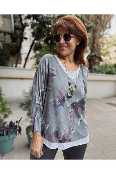 DenizEge Italian Floral Print Blouse Cagla Green