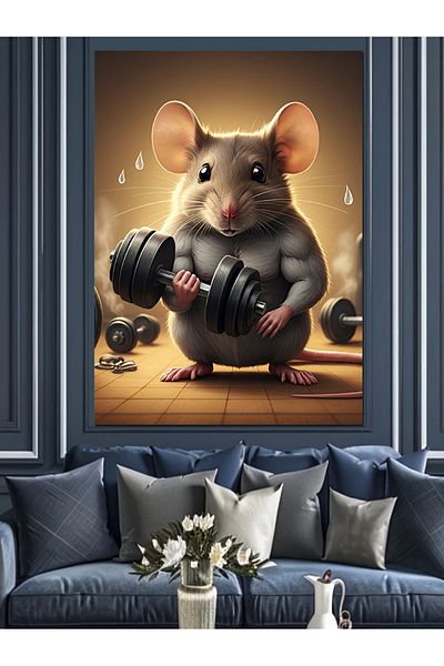 Tablomega Dumbbell Lifting Mouse Decorative Canvas - Mdf Wooden Painting