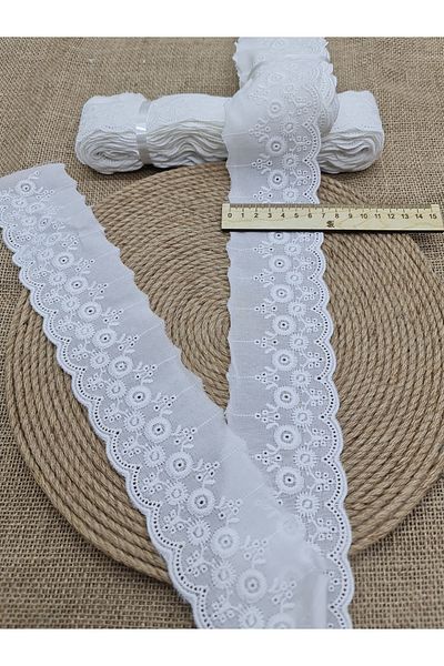 Esteks Dantel ve Tekstil Aksesuarları Lace Scallop Voile over Embroidery Width 7cm Luxury Scallop Lace Ecru 1Ball 8.5Meter