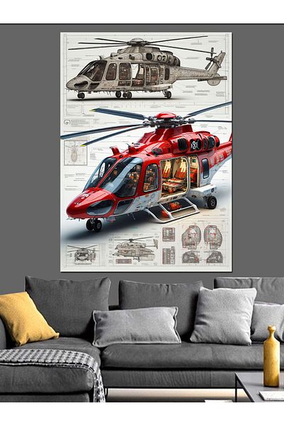 Tablomega Red Rescue Helicopter Decorative Canvas - Mdf Wood Painting