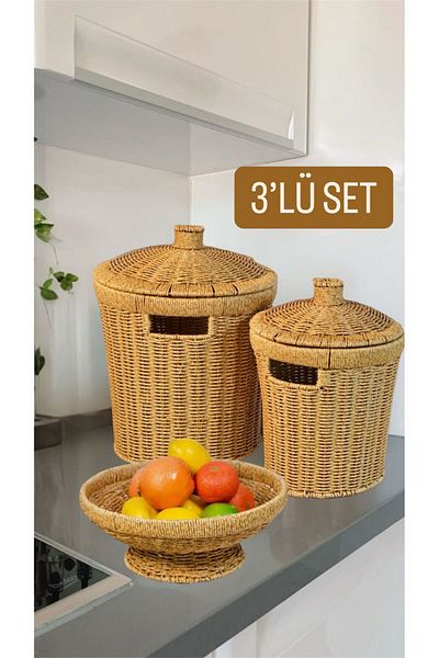 Bayev 3-Piece Wicker Set with Lid, 2 Sizes Potato Onion Basket and 26 cm Fruit Bowl Presentation Rattan Crisper Decor Basket
