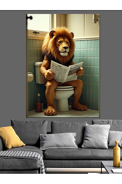 Tablomega Lion Toilet and Newspaper Decorative Canvas - Mdf Wooden Table