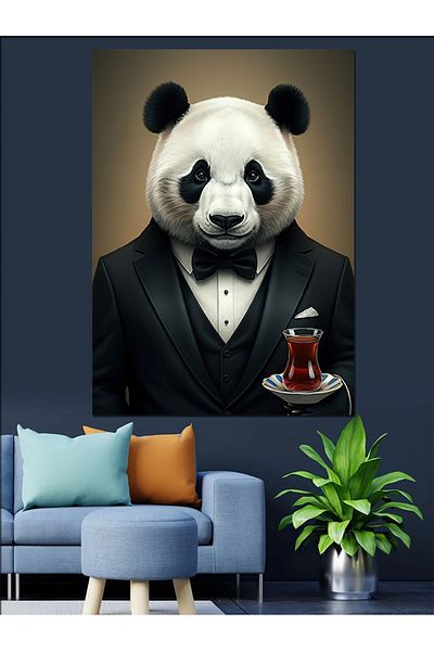 Tablomega Panda and Tea Decorative Canvas with Bow Tie - Mdf Wooden Painting