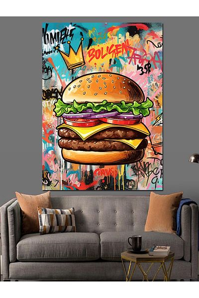 Tablomega Graffiti Decorated Burger Decorative Canvas - Mdf Wood Table