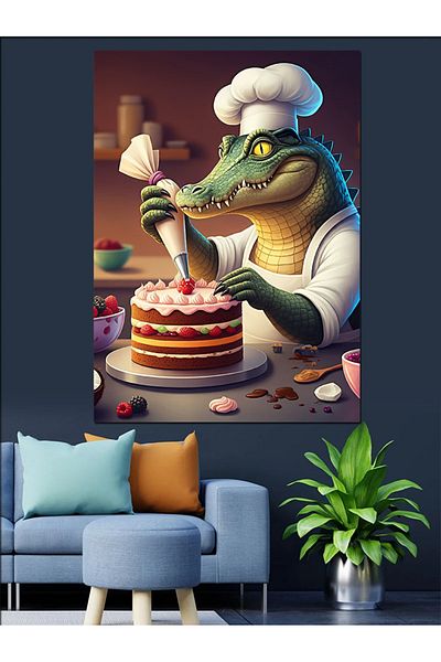 Tablomega Chef Crocodile and Cake Decorative Canvas - Mdf Wooden Painting