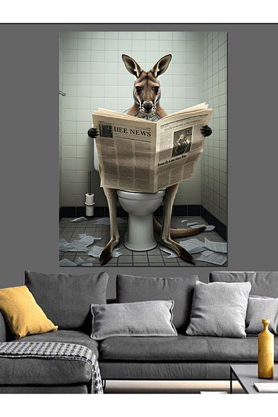 Tablomega Kangaroo Reading Newspaper in Toilet Decorative Canvas - Mdf Wooden Painting
