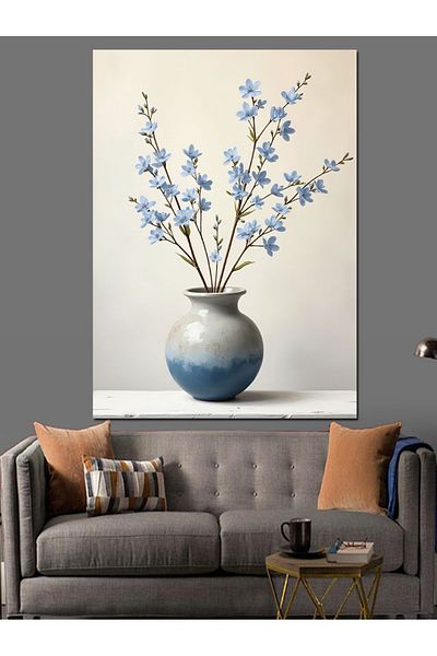 Tablomega Blue Flowers in Ceramic Vase Decorative Canvas - Mdf Wood Table