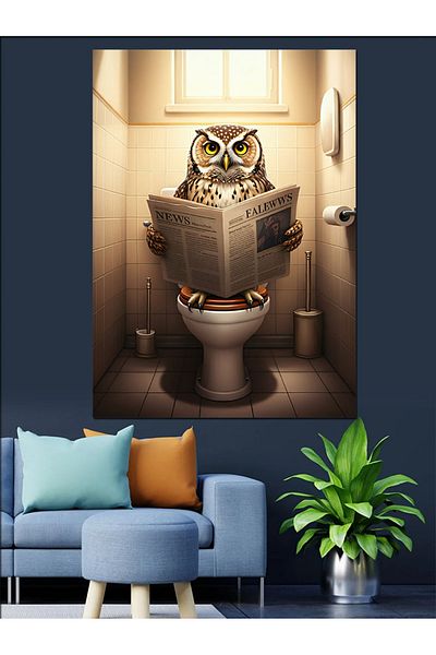 Tablomega Owl Reading Newspaper in the Toilet Decorative Canvas - Mdf Wood Table