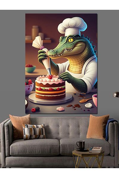 Tablomega Chef Crocodile and Cake Decorative Canvas - Mdf Wooden Painting