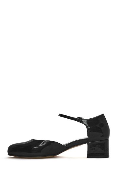 Derimod Women's Black Ankle Buckle Short Thick Heeled Patent Leather Shoes 25Sfd 140916