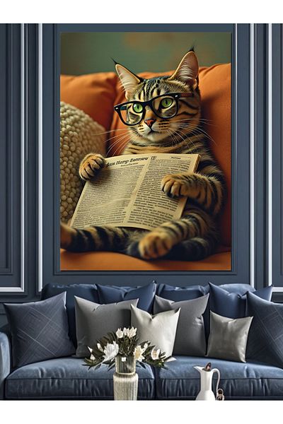 Tablomega Cat Reading Newspaper Figure Decorative Canvas - Mdf Wooden Painting