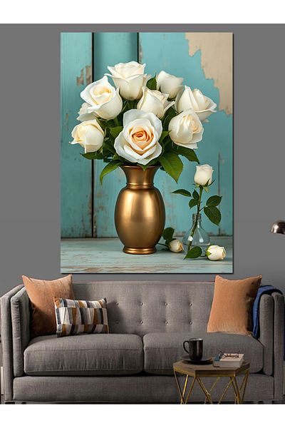 Tablomega White Roses in Vase Decorative Canvas - Mdf Wooden Painting