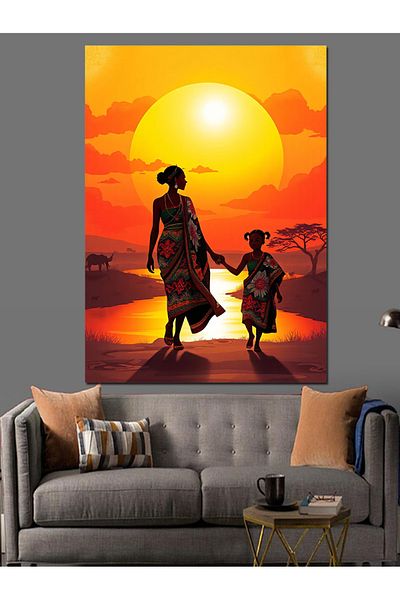 Tablomega Mother and Child Walking on Sunset Decorative Canvas - Mdf Wooden Painting