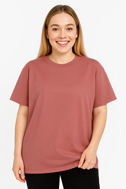 İpek Tekstil تي شيرت نسائي مصنوع من القطن بنسبة 100%، مقاس كبير، لون سادة، رقبة دائرية من القطن الممشط الأساسي