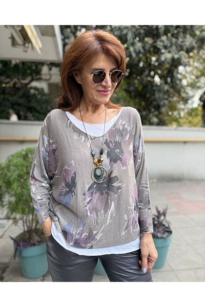 DenizEge Italian Floral Patterned Blouse Mink