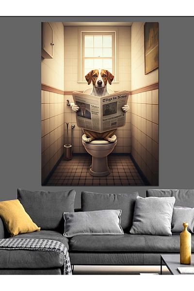 Tablomega Dog Reading Newspaper in the Toilet Decorative Canvas - Mdf Wooden Painting