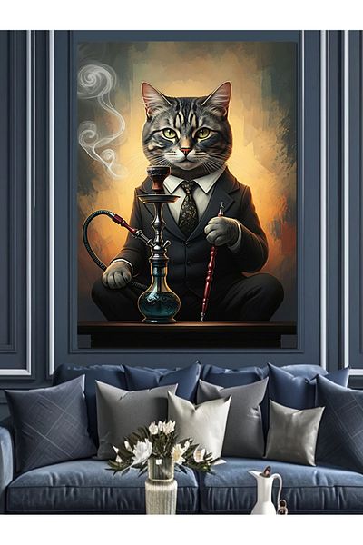 Tablomega Stylish Cat with Hookah Decorative Canvas - Mdf Wooden Painting