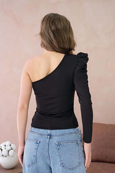 bayansepeti Women's Black Padded Single Shoulder Detailed Low-Cut Blouse 3617