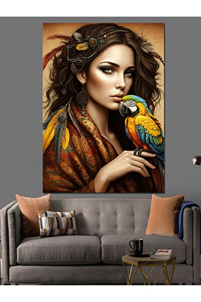 ekart Woman with Parrot Portrait Decorative Canvas - Mdf Wooden Painting
