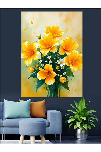 Tablomega Yellow Flowers Spring Decorative Canvas - Mdf Wooden Painting