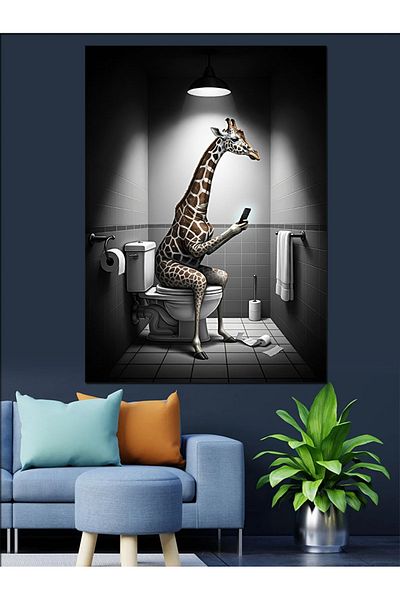 Tablomega Giraffe Crisis in the Toilet Decorative Canvas - Mdf Wooden Painting