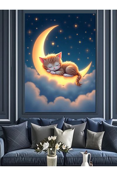 Tablomega Kitten Sleeping on the Moon Decorative Canvas - Mdf Wooden Painting