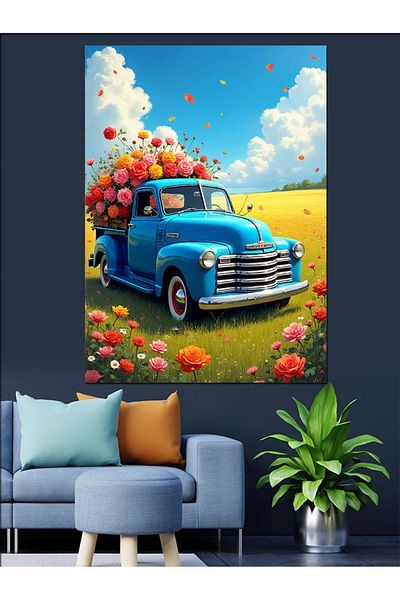 Tablomega Camion Pickup Albastru Floral Pânză Decorativă - Lemn MDF Pictat