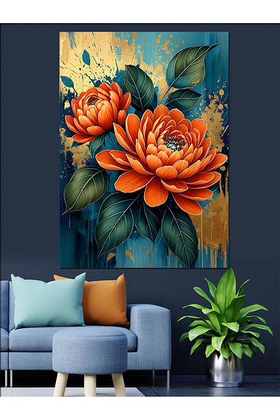 Tablomega Orange Flower Detail Decorative Canvas - Mdf Wood Table