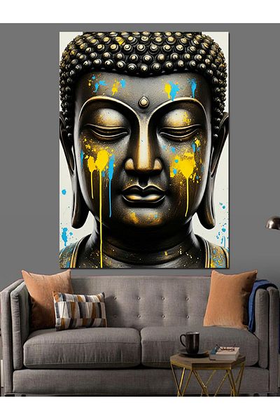 Tablomega Buddha and Gold Colors Decorative Canvas - Mdf Wooden Painting