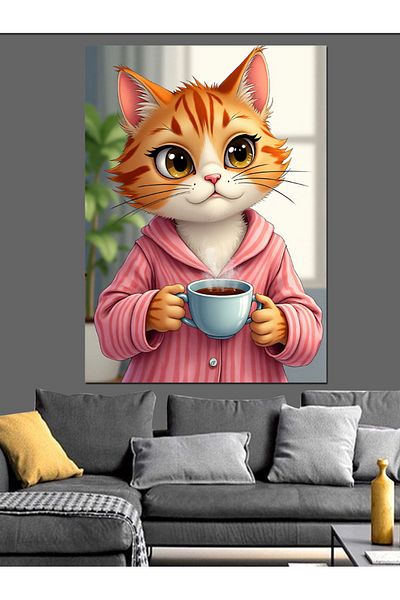 Tablomega Cat Sipping Morning Coffee Decorative Canvas - Mdf Wooden Painting
