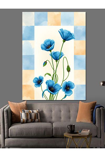 Tablomega Blue Flowers and Pastel Background Decorative Canvas - Mdf Wooden Painting