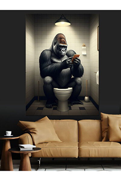 ekart Tuvalette Oturan Goril Dekoratif Kanvas - Mdf Ahşap Tablo