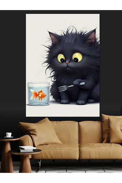 Tablomega Cute Cat Playing with Fish Decorative Canvas - Mdf Wooden Painting