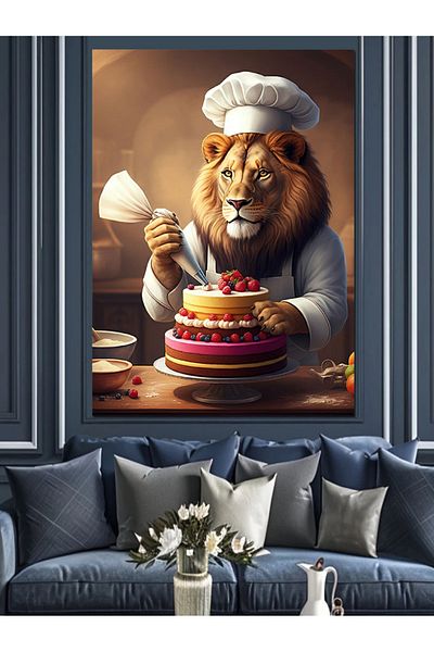 Tablomega Cook Lion's Cake Decorative Canvas - Mdf Wooden Painting