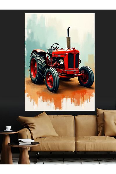 Tablomega Red Tractor and Artistic Texture Decorative Canvas - Mdf Wooden Painting