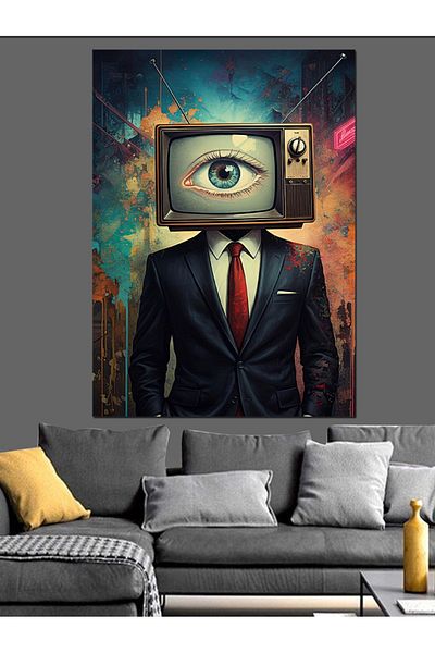 Tablomega Businessman with Television Head Design Decorative Canvas - Mdf Wooden Table