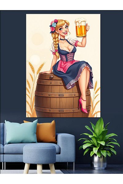 Tablomega German Girl in a Barrel Decorative Canvas - Mdf Wooden Painting