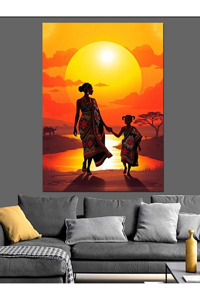 Tablomega Mother and Child Walking on Sunset Decorative Canvas - Mdf Wooden Painting